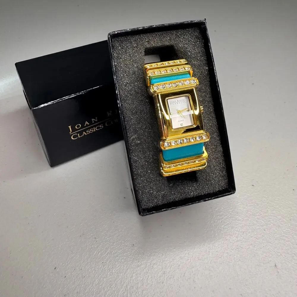 joan rivers classics turquoise leather crystal cuff watch gold tone quartz